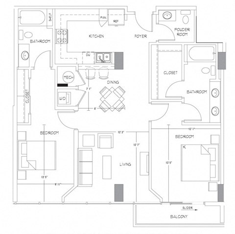 Floor plan for 2 beds, 2.5 baths, 1208 sqft